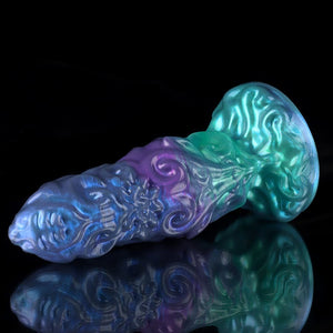 Bad Dragon Aries Gradient Blue Green Purple Fantasy Dildo with detailed swirling design and shimmering finish