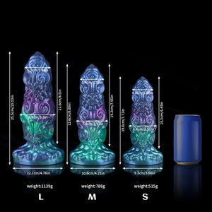 Bad Dragon Aries Gradient Blue Green Purple Fantasy Dildo in three sizes displayed with can for scale