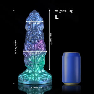 Bad Dragon Aries Gradient Blue Green Purple Fantasy Dildo with detailed design and measurements
