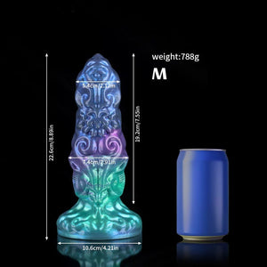 Bad Dragon Aries Gradient Blue Green Purple Fantasy Dildo with detailed design and measurements for size reference