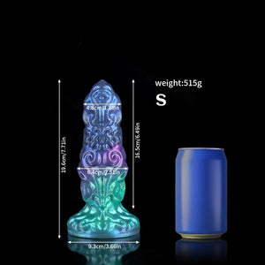 Bad Dragon Aries Gradient Blue Green Purple Fantasy Dildo with detailed design and measurements next to a can for scale