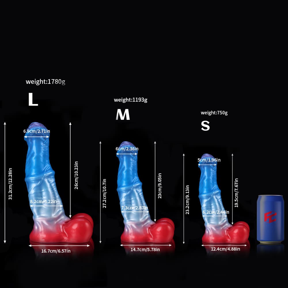 Graemen White Colt Blue Red Fantasy Knot Dildo available in three sizes with detailed measurements