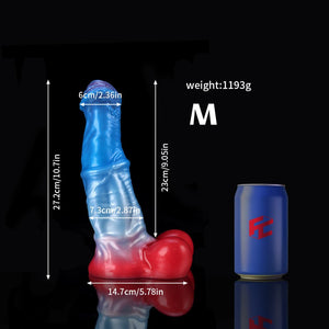 Graemen White Colt Blue Red Fantasy Knot Dildo with realistic design and size details displayed