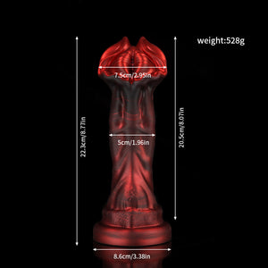 Cannibal Crimson Fantasy Knot Dildo by Knot Dildo with detailed measurements and a sleek design