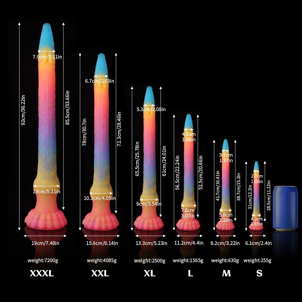 Knot Dildo Eel Blue Yellow Purple Luminous Tentacle Dildo with various sizes and dimensions displayed