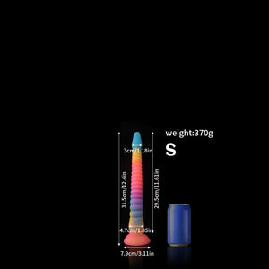 Knot Dildo Octopus Blue Yellow Purple Tentacle Dildo with various length measurements and a can for size reference