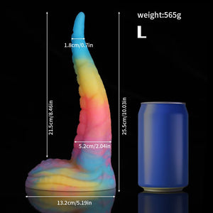 Knot Dildo Octopus Tail Blue Yellow Purple Dildo with detailed measurements and a soda can for size reference