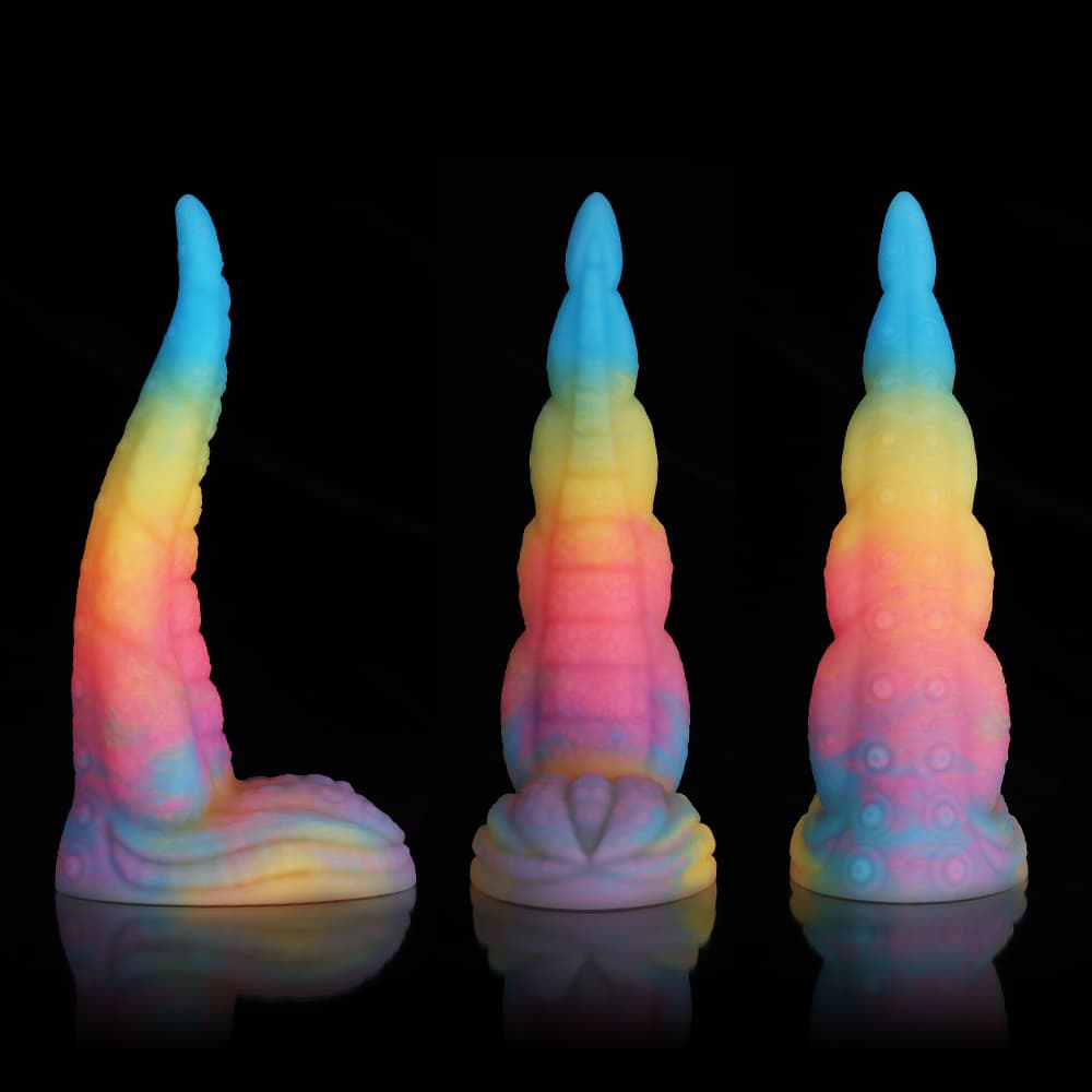 Knot Dildo Octopus Tail Blue Yellow Purple Dildo in three angles showcasing its vivid colors and design