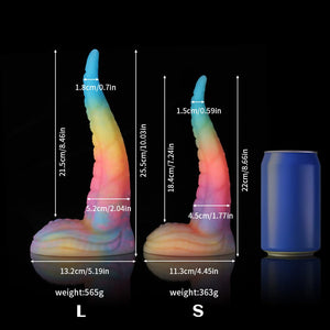 Knot Dildo Octopus Tail Blue Yellow Purple Dildo with various sizes displayed beside a can for scale