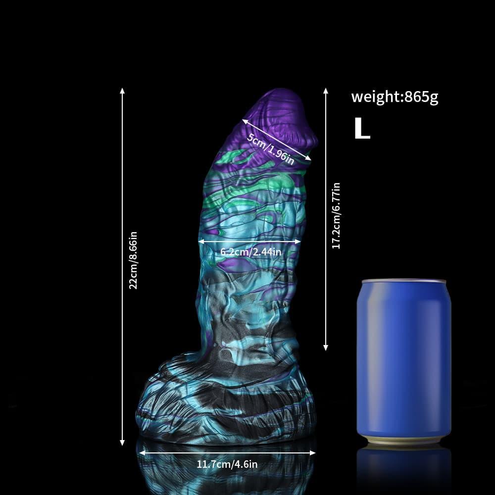 Knot Dildo Pangolin Blue Purple Horse Dildo - Bold Pleasure with detailed measurements and a can for size reference