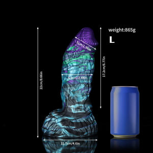 Knot Dildo Pangolin Blue Purple Horse Dildo - Bold Pleasure with detailed measurements and a can for size reference