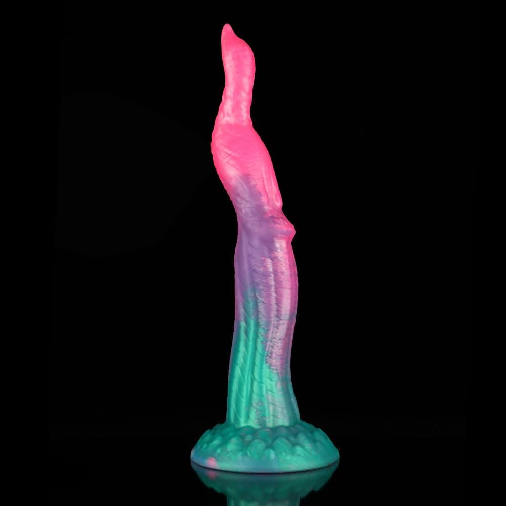 Knot Dildo Peacock Pink Green Animal Monster Knot Dildo with a unique curved design and vibrant colors