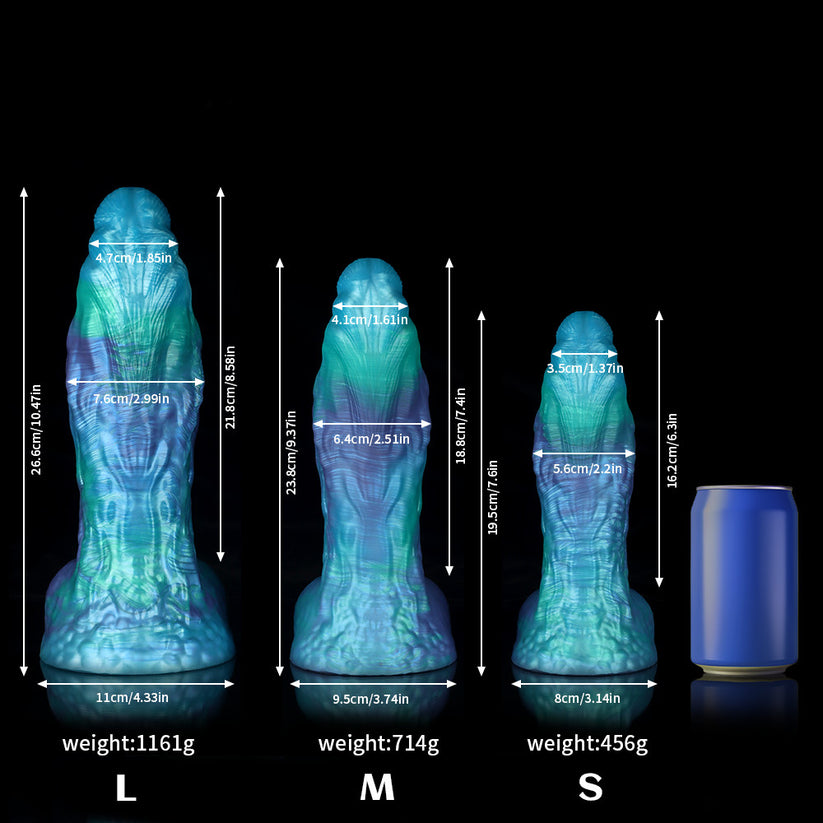 Pisces Gradient Green Blue Knot Dildo by Knot Dildo in three sizes with detailed measurements