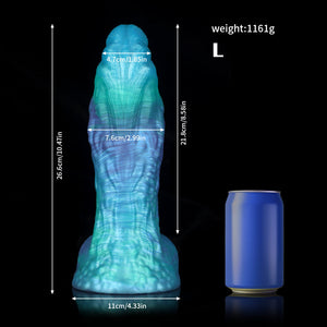 Pisces Gradient Green Blue Knot Dildo by Knot Dildo with dimensions and next to a soda can for size reference