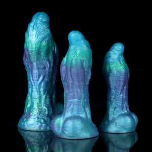 Pisces Gradient Green Blue Knot Dildo by Knot Dildo in three sizes with a shimmering textured design