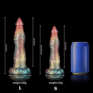 Knot Dildo Small Octopus Rainbow Gradient Tentacle Dildo next to a can for size comparison
