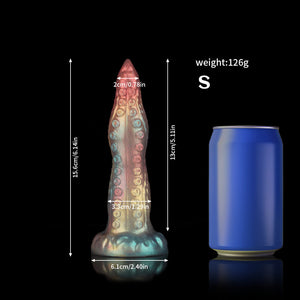 Knot Dildo Small Octopus Rainbow Gradient Tentacle Dildo with textured surface and dimensions beside a soda can for scale
