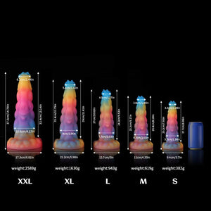 Knot Dildo Sphinx Blue Yellow Purple Fantasy Knot Dildo-Glow In The Dark in various sizes displayed with measurements