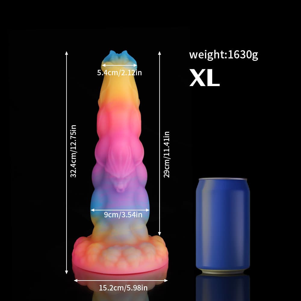 Knot Dildo Sphinx Blue Yellow Purple Fantasy Knot Dildo-Glow In The Dark with detailed dimensions and can for scale