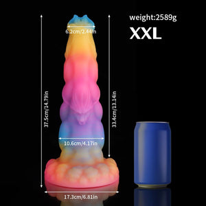 Knot Dildo Sphinx Blue Yellow Purple Fantasy Knot Dildo-Glow In The Dark with detailed measurements