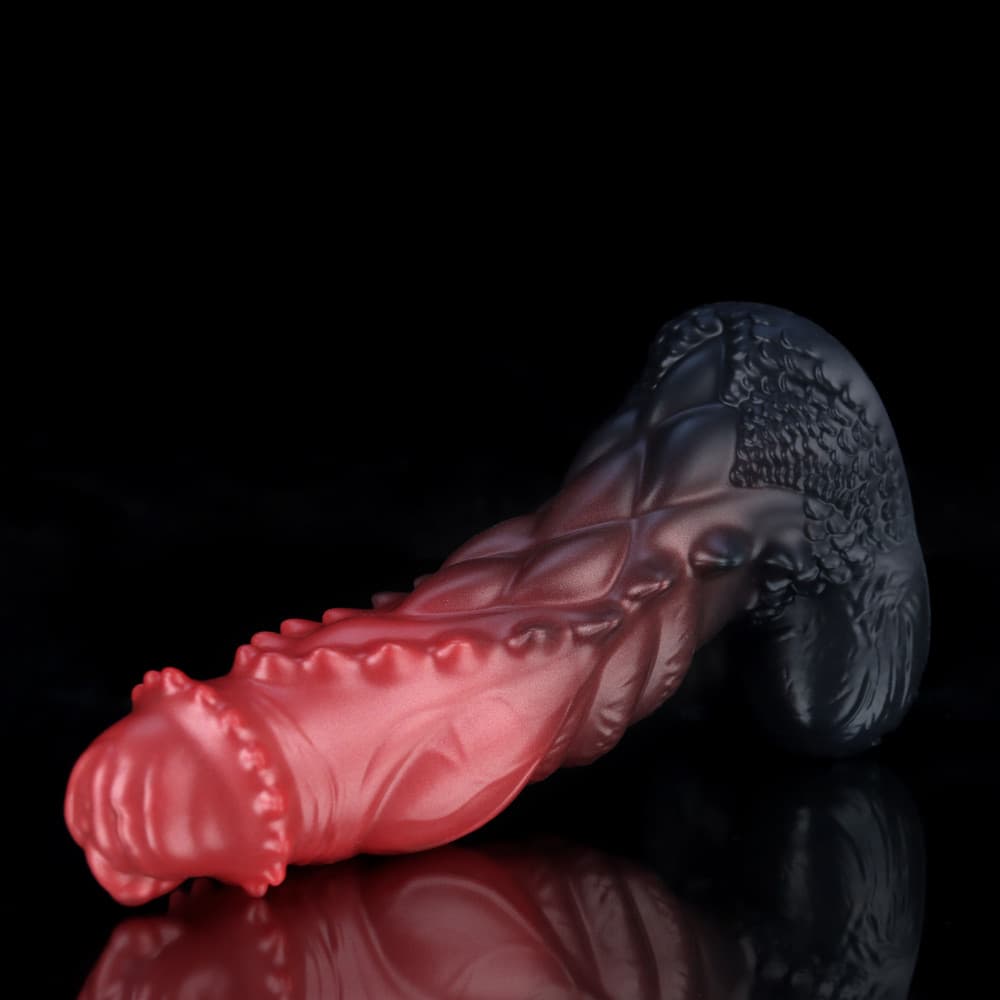 Spiny Orange Black Fantasy Knot Dildo by Knot Dildo featuring a textured, colorful design
