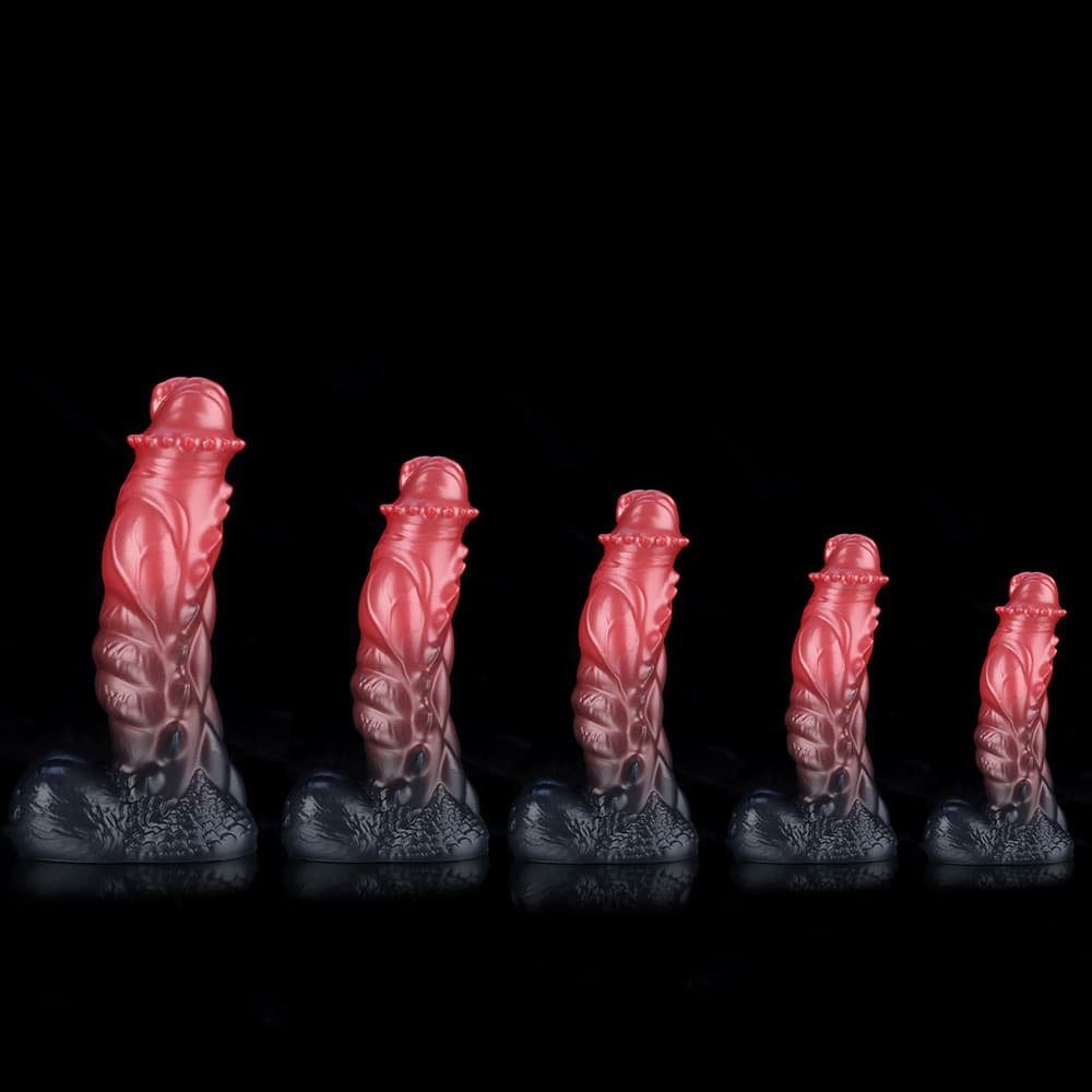Spiny Orange Black Fantasy Knot Dildo by Knot Dildo with textured design and varying sizes for unique experiences