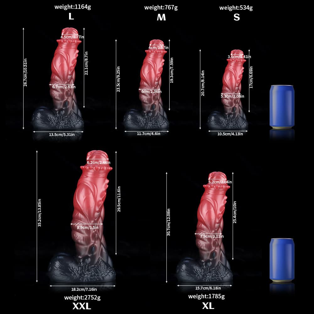 Spiny Orange Black Fantasy Knot Dildo by Knot Dildo displayed in various sizes for reference