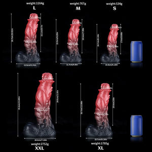 Spiny Orange Black Fantasy Knot Dildo by Knot Dildo displayed in various sizes for reference