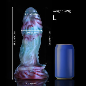 Taurus Gradient Blue Purple Knot Dildo by Knot Dildo showcasing its unique design and size next to a soda can for scale