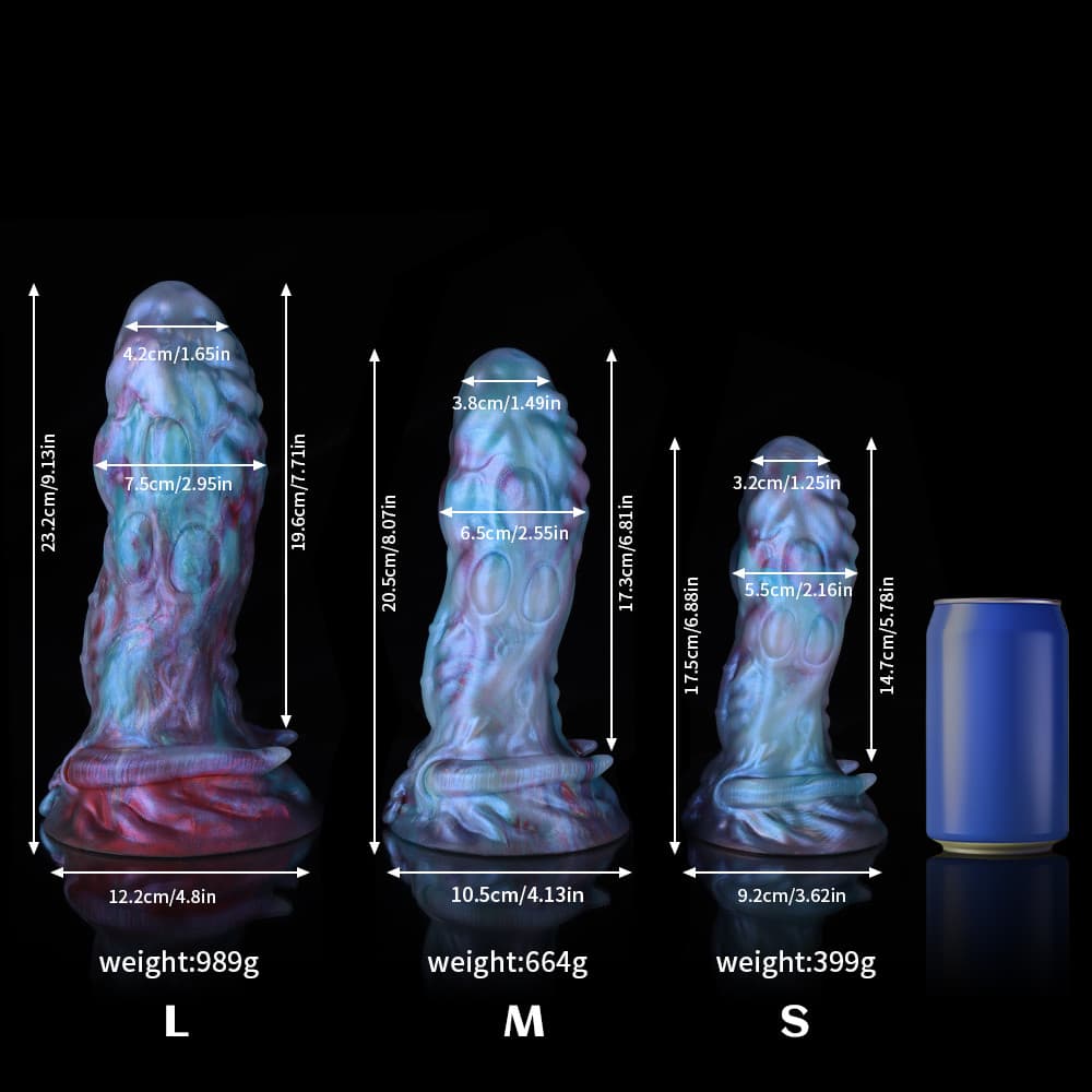 Taurus Gradient Blue Purple Knot Dildo by Knot Dildo in three sizes with detailed measurements displayed