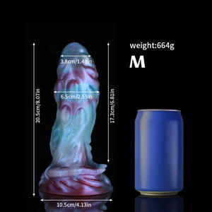 Taurus Gradient Blue Purple Knot Dildo by Knot Dildo with detailed measurements and compared to a blue can