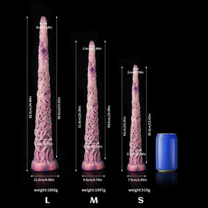 Knot Dildo Vine Purple Tentacle Dildo for Fantasy Play with various size options shown alongside a can for scale