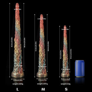 Knot Dildo Vine Rainbow Tentacle Dildo - Anal Plug showcasing size options with detailed measurements