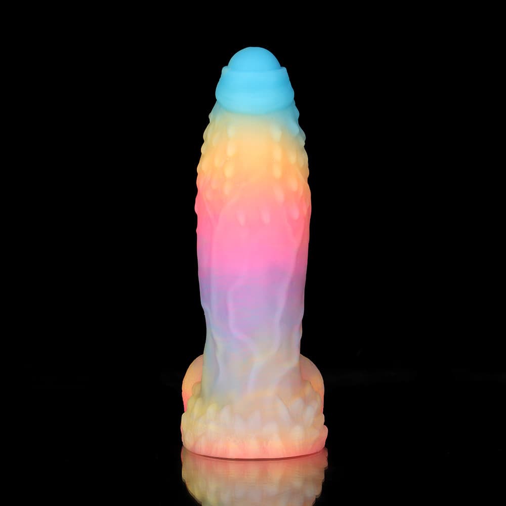 Knot Dildo White Zephyr Blue Yellow Purple Knot Dildo with a multi-colored soft silicone design