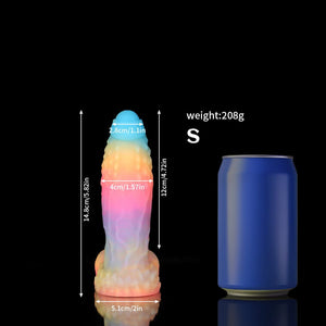 Knot Dildo White Zephyr Blue Yellow Purple Knot Dildo with Unique Design and Size Comparison to a Soda Can
