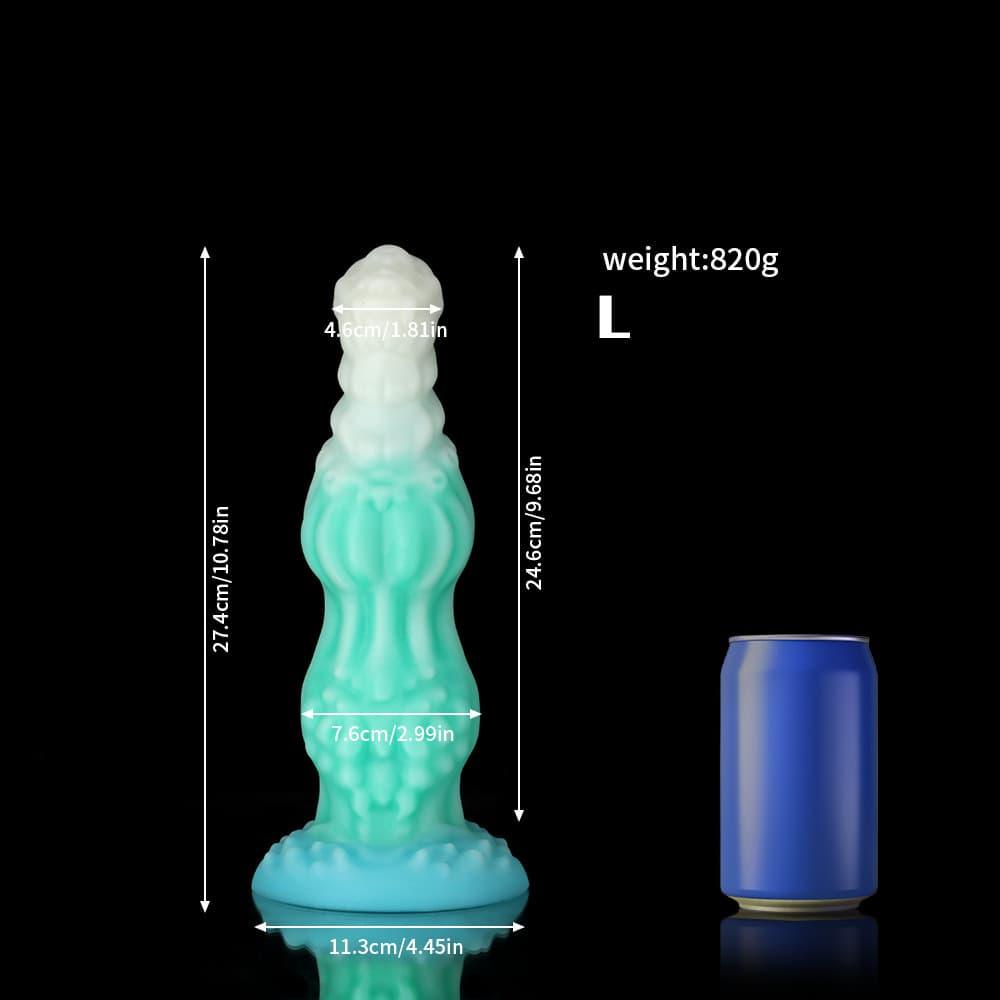 Knotdildo Dog Blue Green Knotted Dildo for Ultimate Pleasure with dimensions and can for size reference