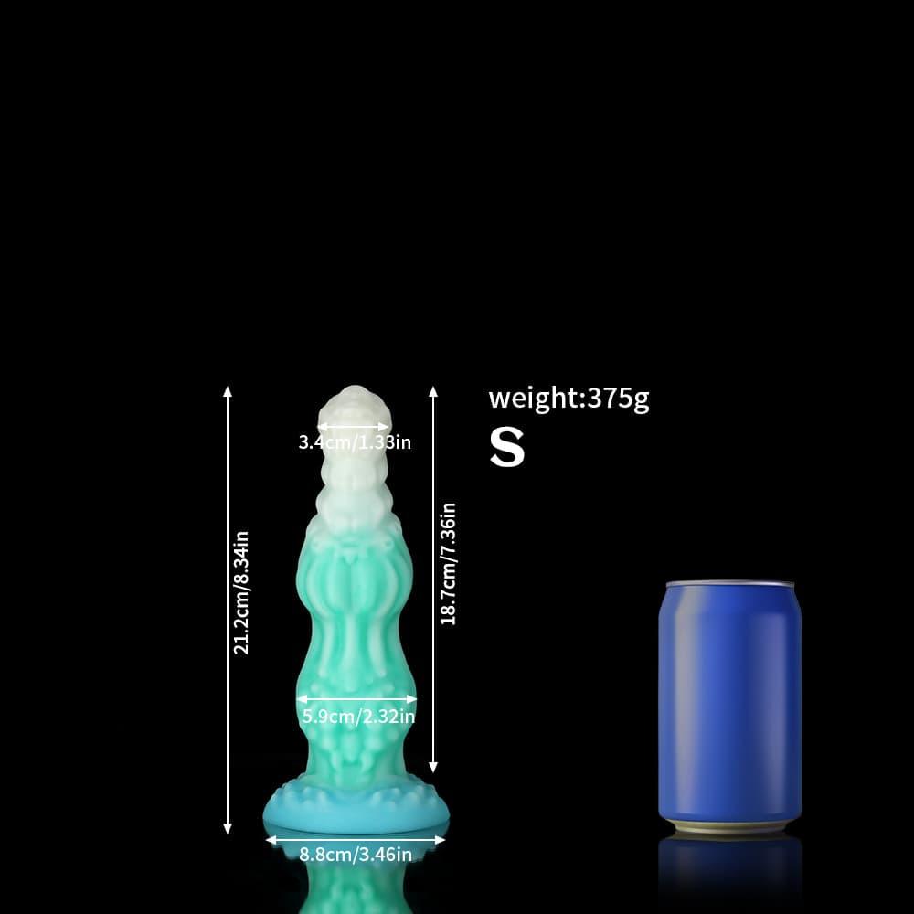 Knotdildo Dog Blue Green Knotted Dildo for Ultimate Pleasure with Measurements and Size Comparison