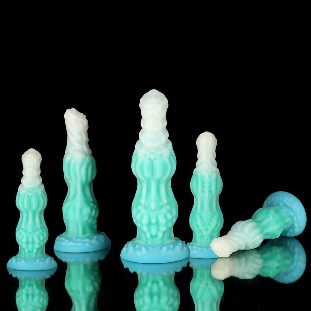 Knotdildo Dog Blue Green Knotted Dildo for Ultimate Pleasure shown in five sizes with unique textures
