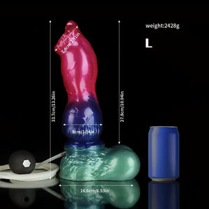 KnotDildo Gun Dog Gradient Purple Green Ejaculating Knotted Dildo with realistic details and measurements