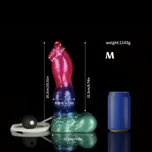 KnotDildo Gun Dog Gradient Purple Green Ejaculating Knotted Dildo with detailed measurements for reference