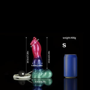 KnotDildo Gun Dog Gradient Purple Green Ejaculating Knotted Dildo with measurement details and soda can for scale
