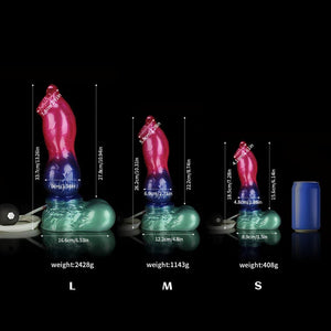 KnotDildo Gun Dog Gradient Purple Green Ejaculating Knotted Dildo in three size options with dimensions