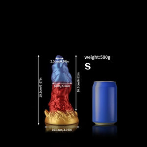 KnotDildo Leo Gradient Red Purple Gold Fantasy Dildo with detailed dimensions beside a standard can