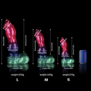 KnotDildo Nicos Gun Dog Gradient Purple Green Fantasy Knotted Dildo with three size options displayed for comparison