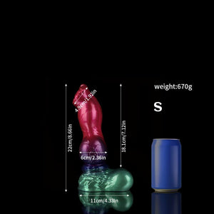 KnotDildo Nicos Gun Dog Gradient Purple Green Fantasy Knotted Dildo with detailed measurements and a can for size reference