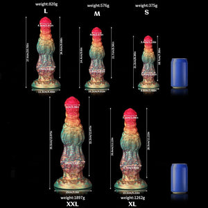 Knotdildo Rainbow Fantasy Knotted Dildo for Ultimate Pleasure in various sizes and weights displayed