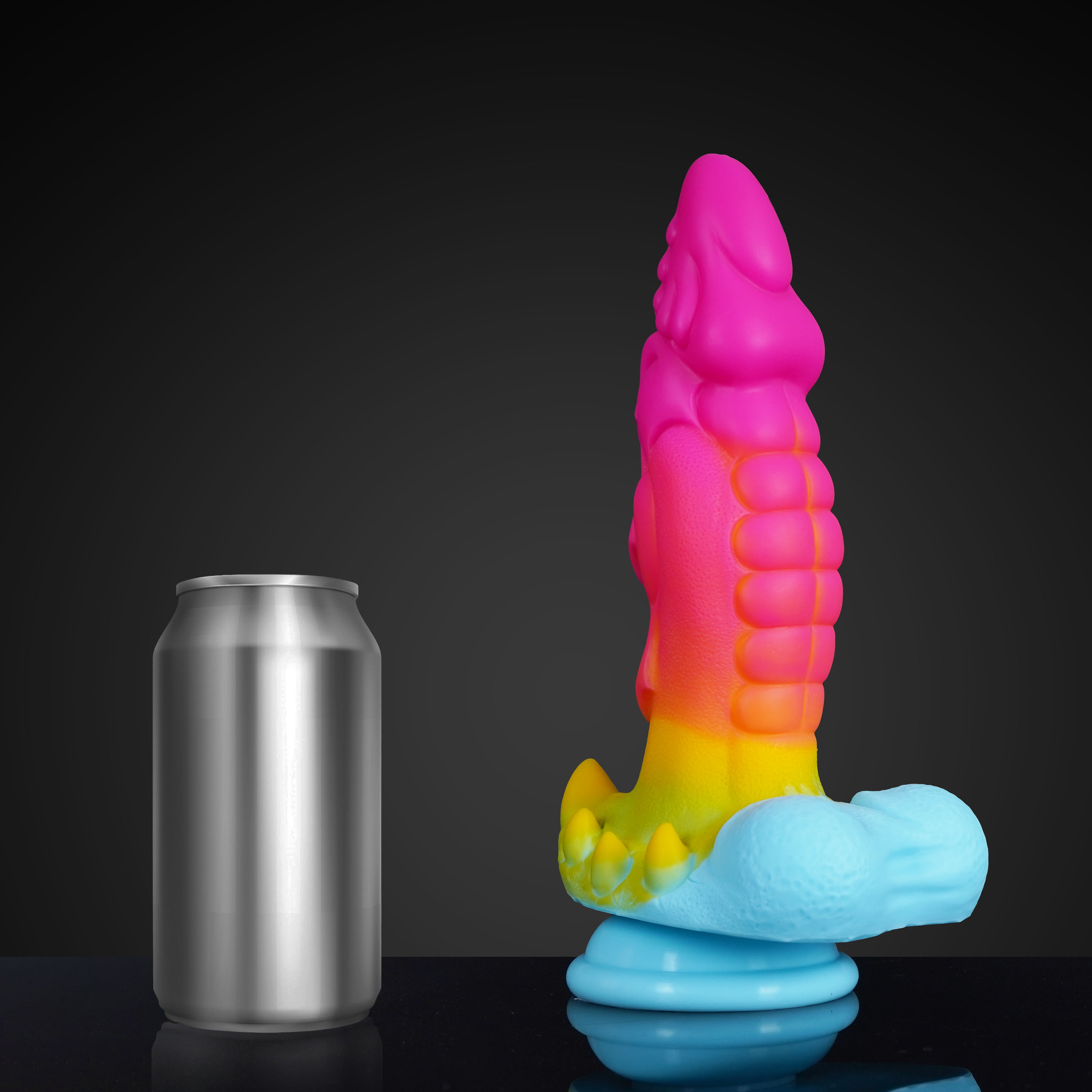 Sawtooth-A Dragon Knot Dildo by Knotdildo - Lifelike Design in vibrant colors next to a soda can for size reference