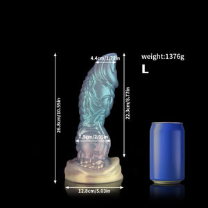 Knot Dildo Sailor's Tears Light Blue Knot Dildo with realistic design and dimensions next to a can for scale