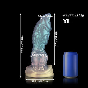 Knot Dildo Sailor's Tears Light Blue Knot Dildo with detailed design and measurements next to a can for scale
