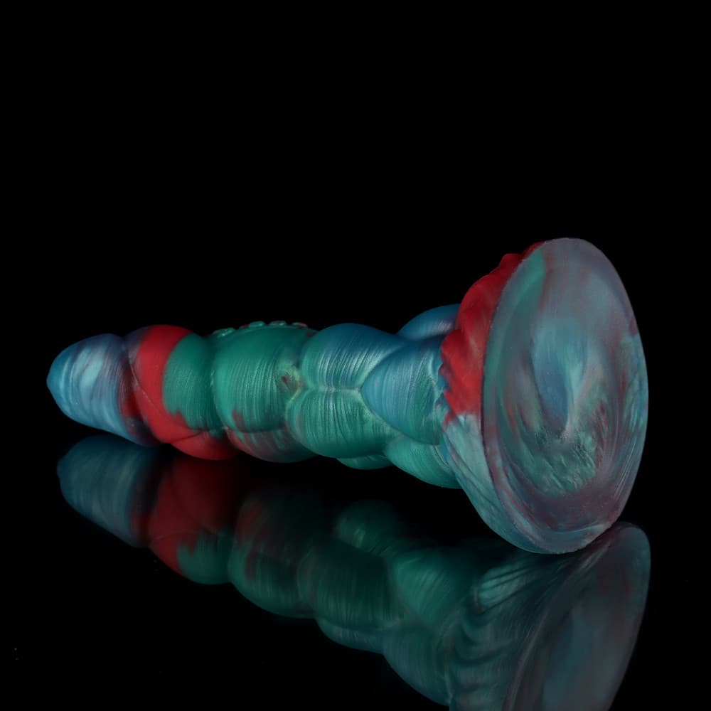 Space Bugs Gradient Blue Green Fantasy Knot Dildo with a smooth, colorful design and shiny finish